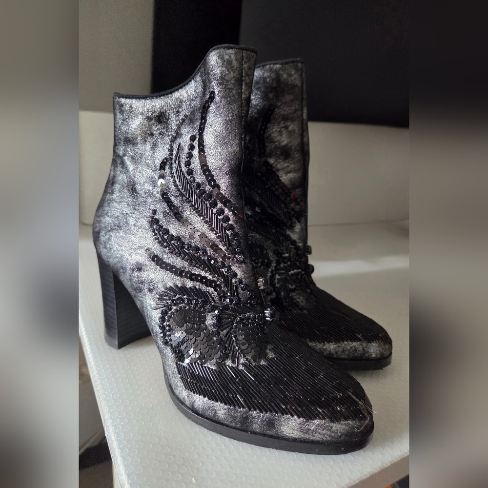 Donald J Pliner Embroidered Metallic Silvet And Black Suede Ankle Boots